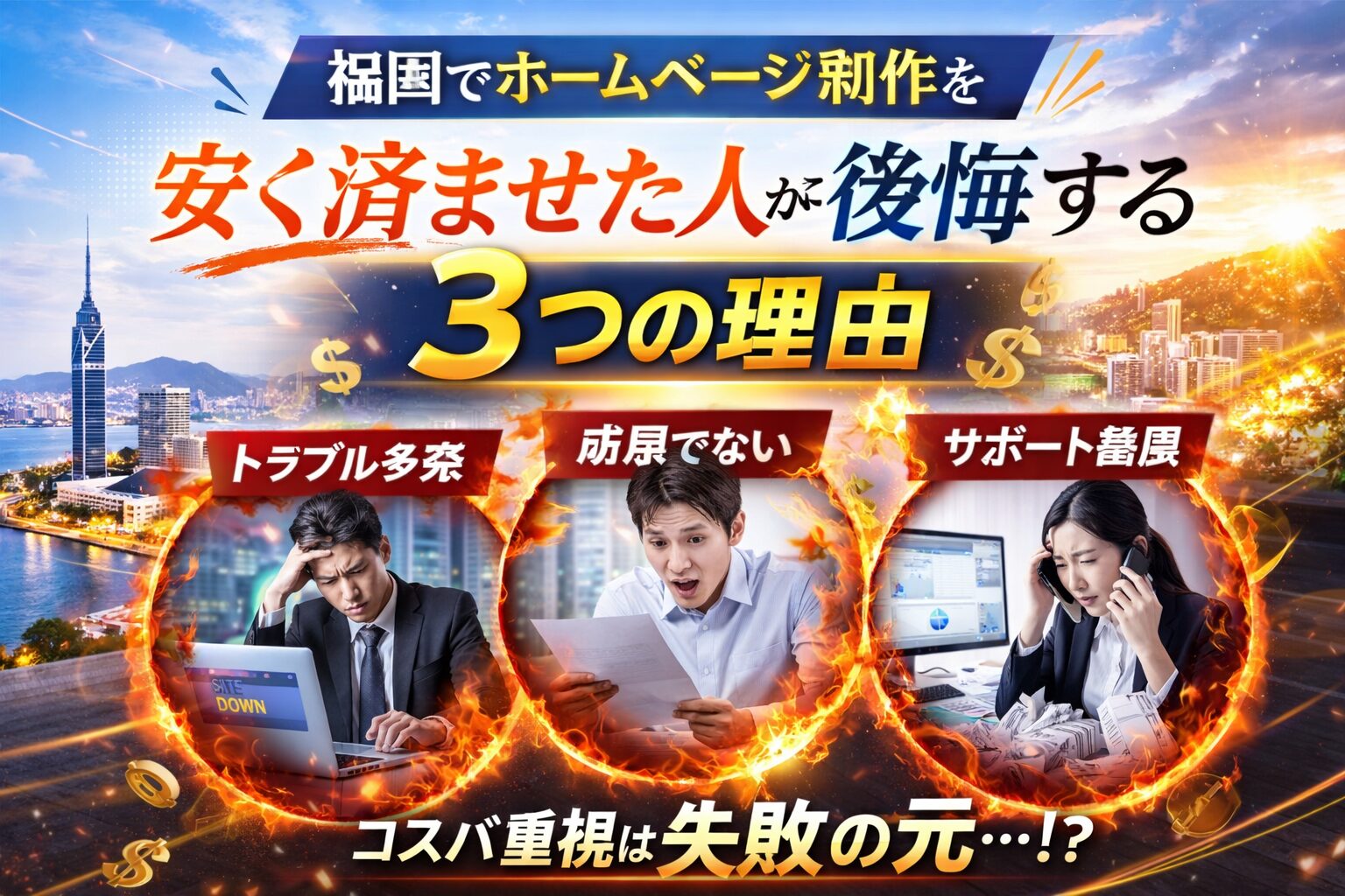 福岡でホームページ制作を安く依頼した人が後悔する理由を表現したアイキャッチ画像。トラブルや成果不足、サポート崩壊の様子が描かれている