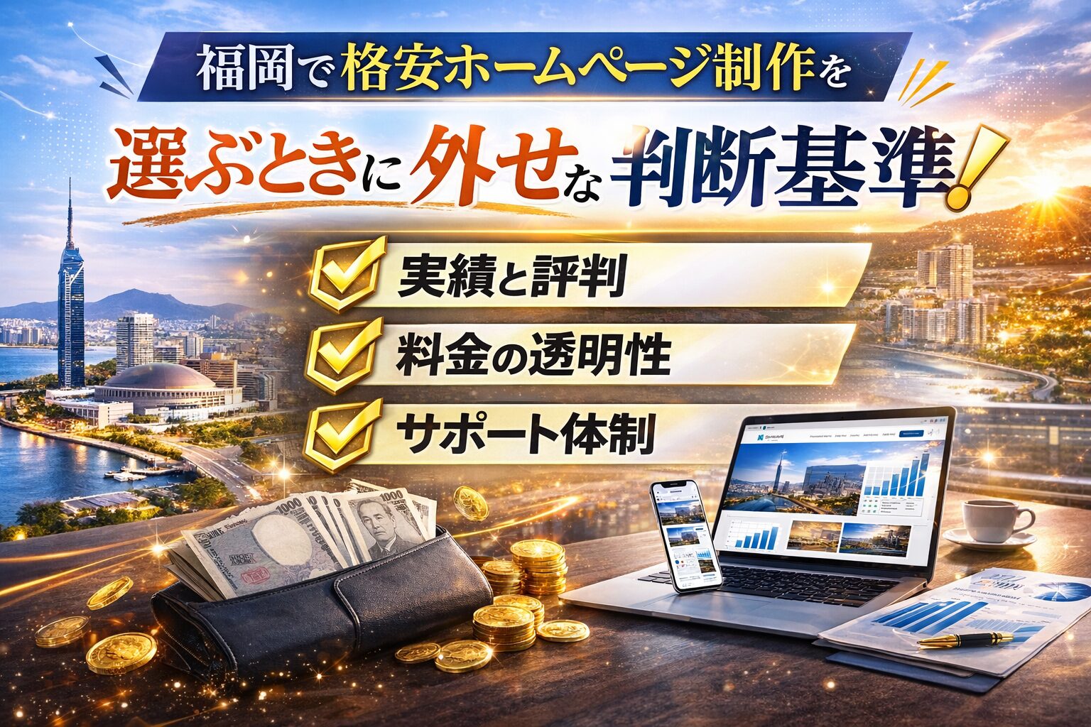 福岡で格安ホームページ制作を選ぶ際の判断基準を示したアイキャッチ画像。実績・料金透明性・サポート体制が強調されている