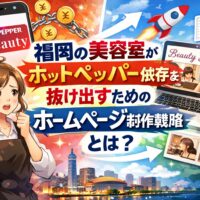 福岡の美容室がホットペッパー依存から抜け出すためのホームページ制作戦略を表現したイラスト。ホットペッパーのロゴ付きスマホと鎖、SEOやロケット、パソコン画面の美容室サイト、福岡の街並みを背景にしたビジュアル。