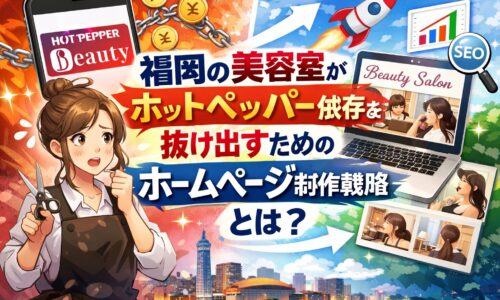 福岡の美容室がホットペッパー依存から抜け出すためのホームページ制作戦略を表現したイラスト。ホットペッパーのロゴ付きスマホと鎖、SEOやロケット、パソコン画面の美容室サイト、福岡の街並みを背景にしたビジュアル。