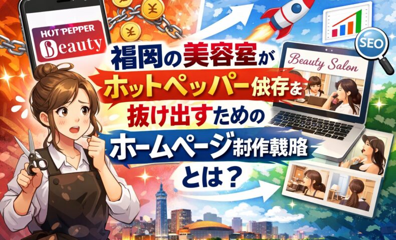 福岡の美容室がホットペッパー依存から抜け出すためのホームページ制作戦略を表現したイラスト。ホットペッパーのロゴ付きスマホと鎖、SEOやロケット、パソコン画面の美容室サイト、福岡の街並みを背景にしたビジュアル。