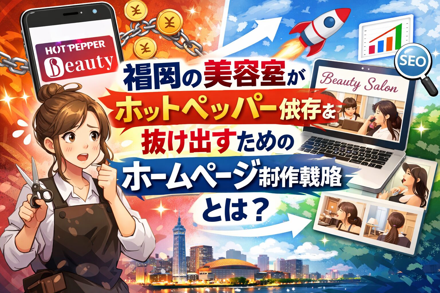 福岡の美容室がホットペッパー依存から抜け出すためのホームページ制作戦略を表現したイラスト。ホットペッパーのロゴ付きスマホと鎖、SEOやロケット、パソコン画面の美容室サイト、福岡の街並みを背景にしたビジュアル。