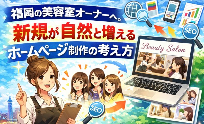福岡の美容室オーナー向けに、新規が自然と増えるホームページ制作の考え方を表現したイラスト。SEOアイコンや検索画面、ノートパソコンの美容室サイト表示、喜ぶ女性客と福岡の街並みが描かれているビジュアル。