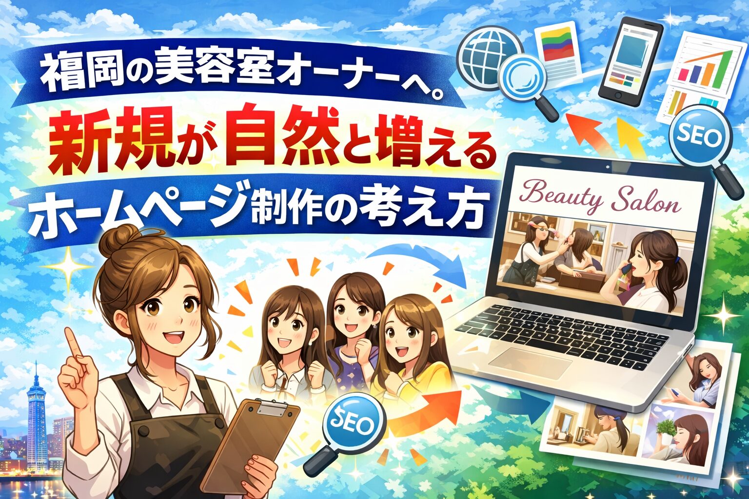福岡の美容室オーナー向けに、新規が自然と増えるホームページ制作の考え方を表現したイラスト。SEOアイコンや検索画面、ノートパソコンの美容室サイト表示、喜ぶ女性客と福岡の街並みが描かれているビジュアル。