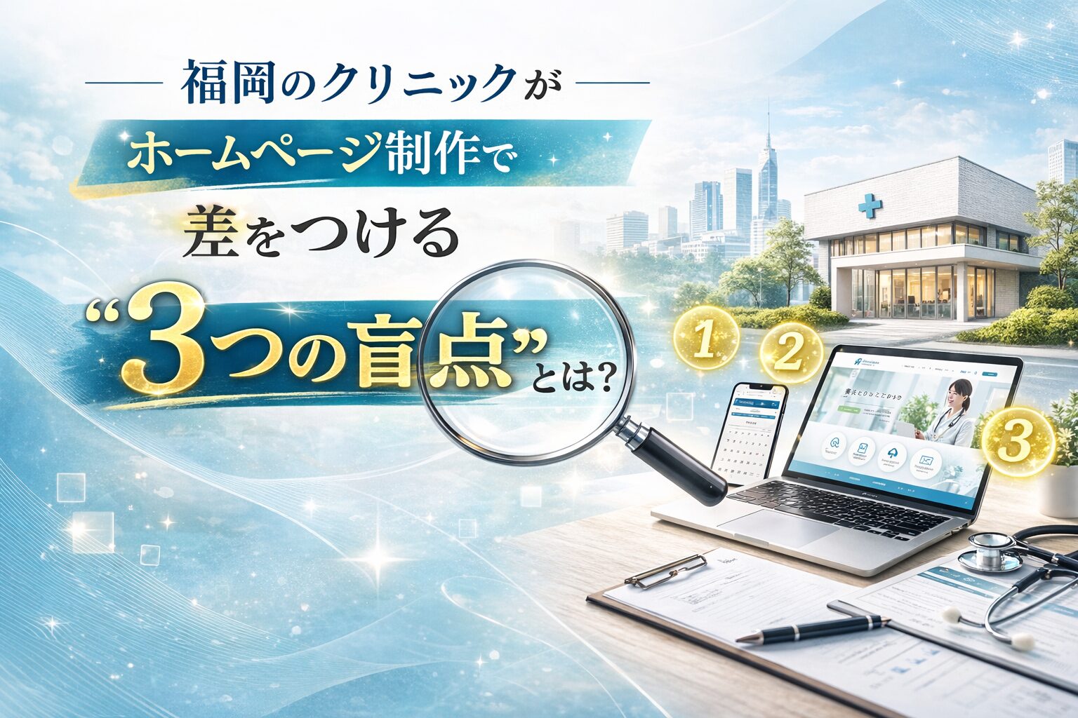 福岡のクリニックがホームページ制作で差をつける3つの盲点をテーマに、クリニック外観とノートPCに表示された医療サイト、虫眼鏡と数字アイコンが配置されたビジュアル