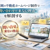 福岡の不動産ホームページ制作で問い合わせが来ない理由を解説するテーマ画像。ノートPCに表示された不動産サイトと虫眼鏡、疑問符や封筒アイコンが配置されたビジュアル