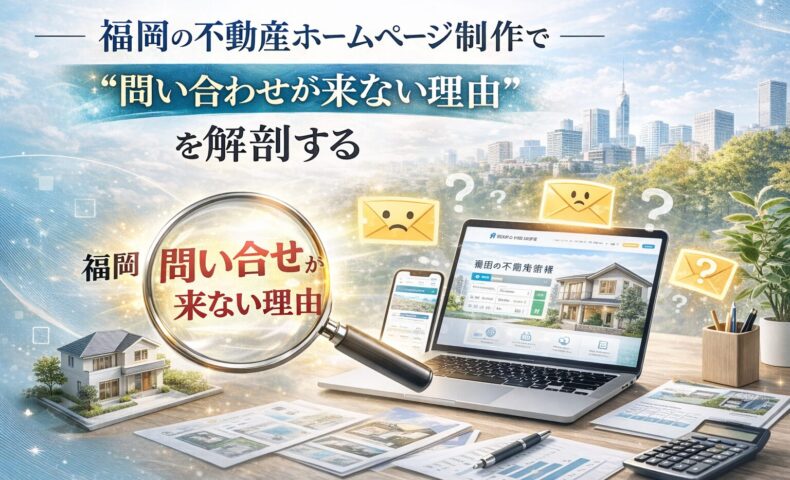 福岡の不動産ホームページ制作で問い合わせが来ない理由を解説するテーマ画像。ノートPCに表示された不動産サイトと虫眼鏡、疑問符や封筒アイコンが配置されたビジュアル