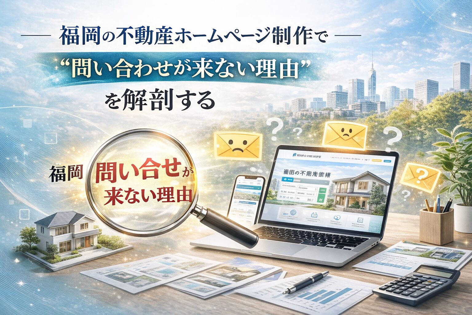 福岡の不動産ホームページ制作で問い合わせが来ない理由を解説するテーマ画像。ノートPCに表示された不動産サイトと虫眼鏡、疑問符や封筒アイコンが配置されたビジュアル