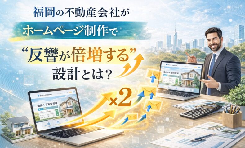 福岡の不動産会社がホームページ制作で反響を倍増させる設計をテーマに、ノートPCに表示された不動産サイトと上昇矢印、問い合わせアイコンが描かれたビジュアル