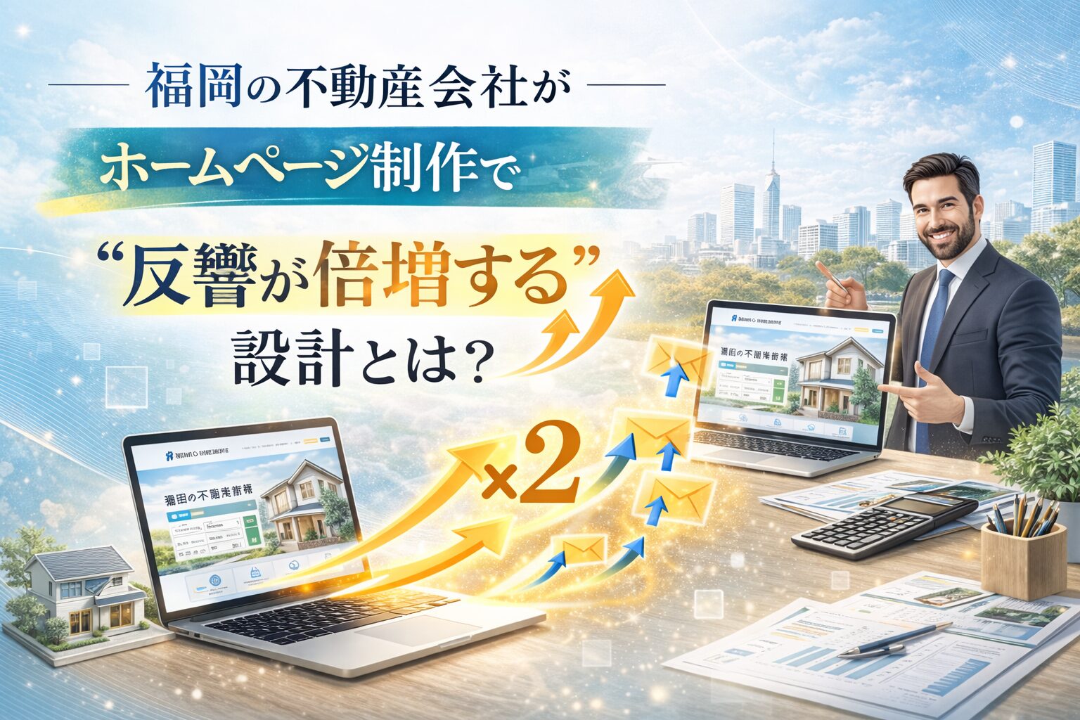 福岡の不動産会社がホームページ制作で反響を倍増させる設計をテーマに、ノートPCに表示された不動産サイトと上昇矢印、問い合わせアイコンが描かれたビジュアル