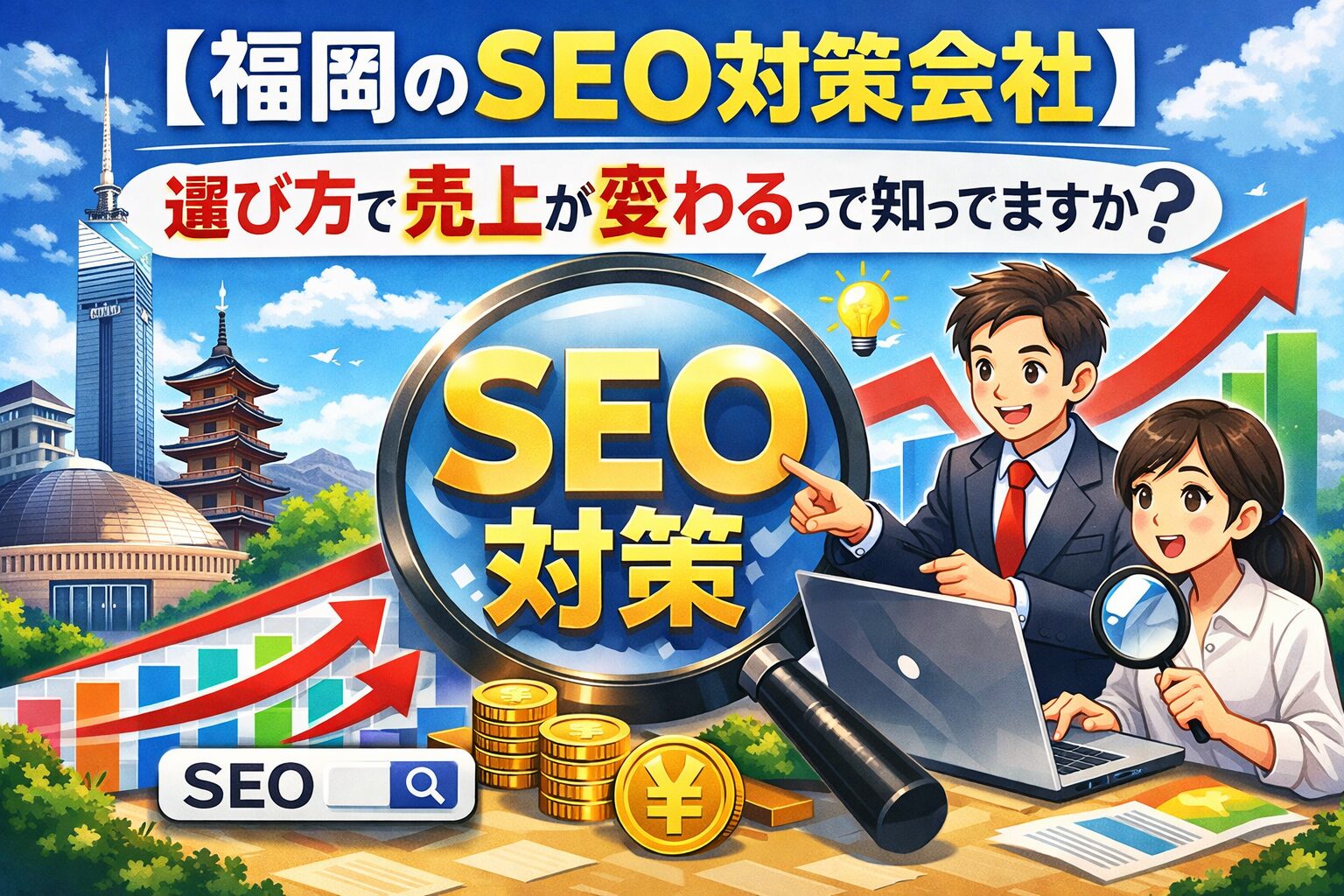 福岡でSEO対策会社を選ぶことで売上が変わることを表現したイメージ画像