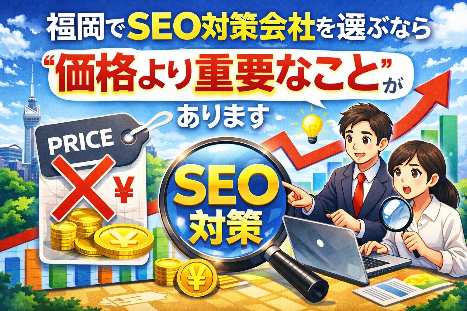 福岡でSEO対策会社を選ぶ際に価格より重要なポイントがあることを表現したイメージ画像