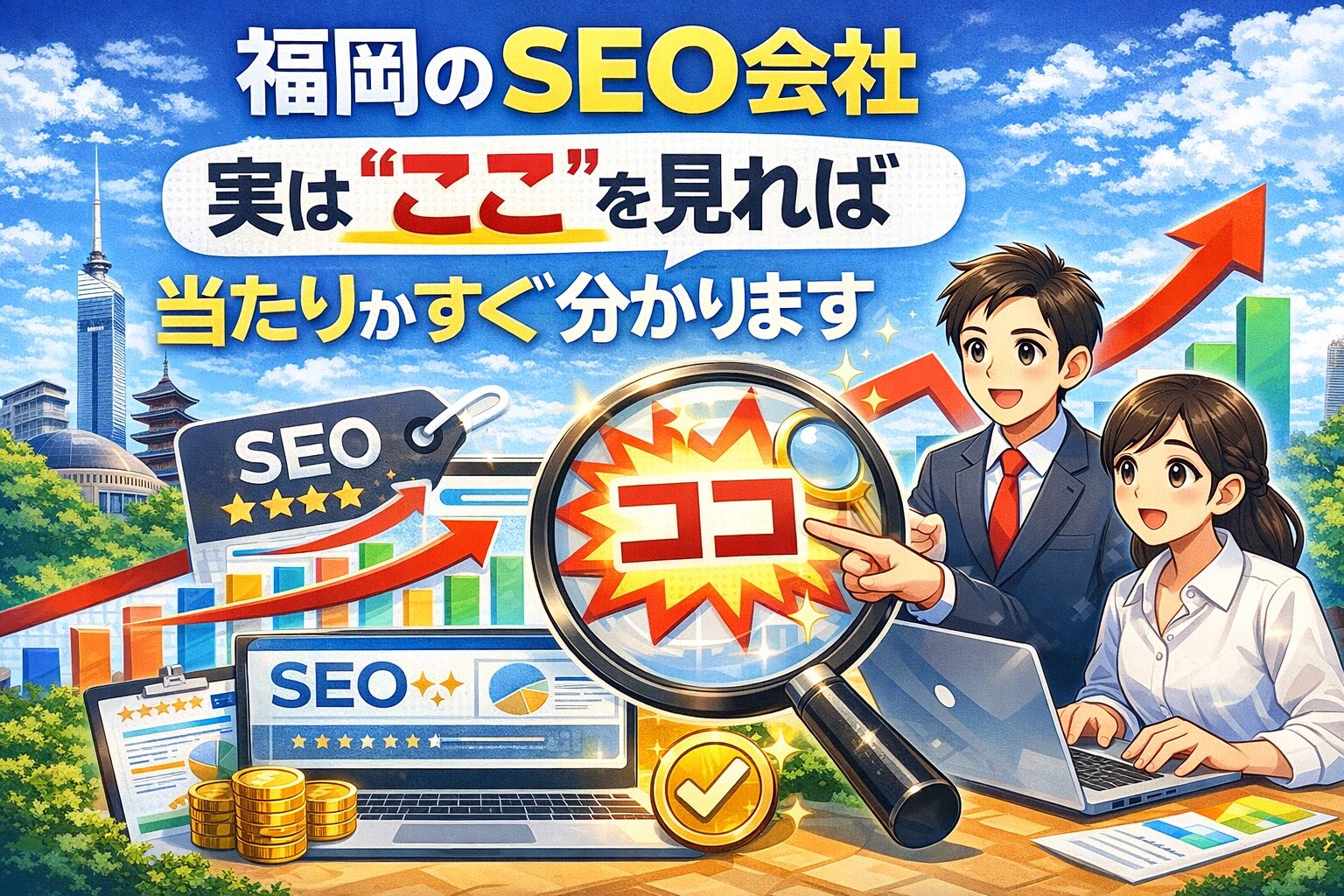 福岡でSEO会社を選ぶ際に見るべきポイントを分かりやすく示したイメージ画像