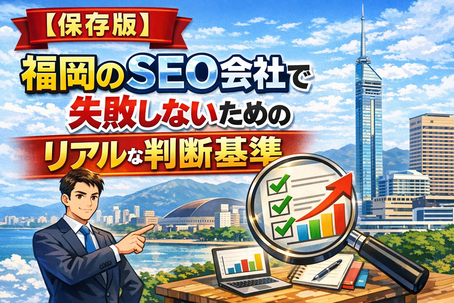 福岡でSEO会社を選ぶ際に失敗しないための判断基準を分かりやすく表現したイメージ画像