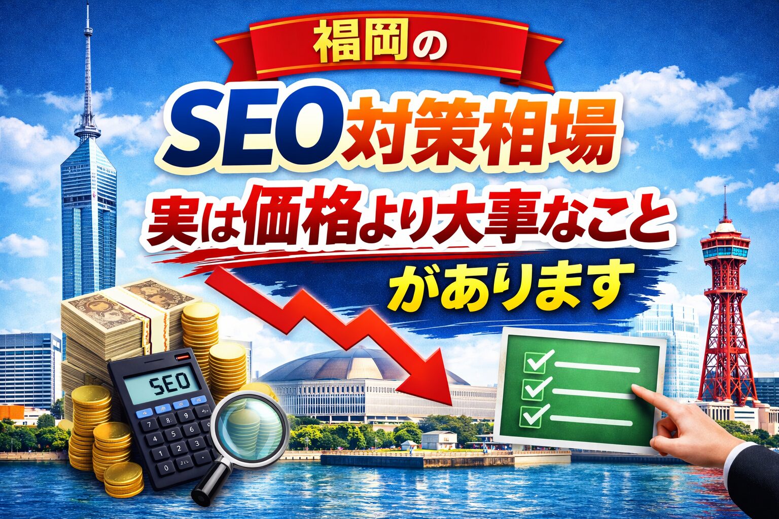 福岡のSEO対策相場について、価格より重要なポイントを示したアイキャッチ画像。下がるグラフとチェックリストで判断基準を表現