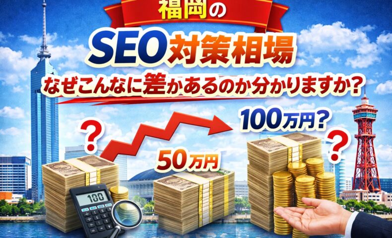 福岡のSEO対策相場の価格差を表現したアイキャッチ画像。50万円と100万円の比較や上昇グラフで相場の違いを示している