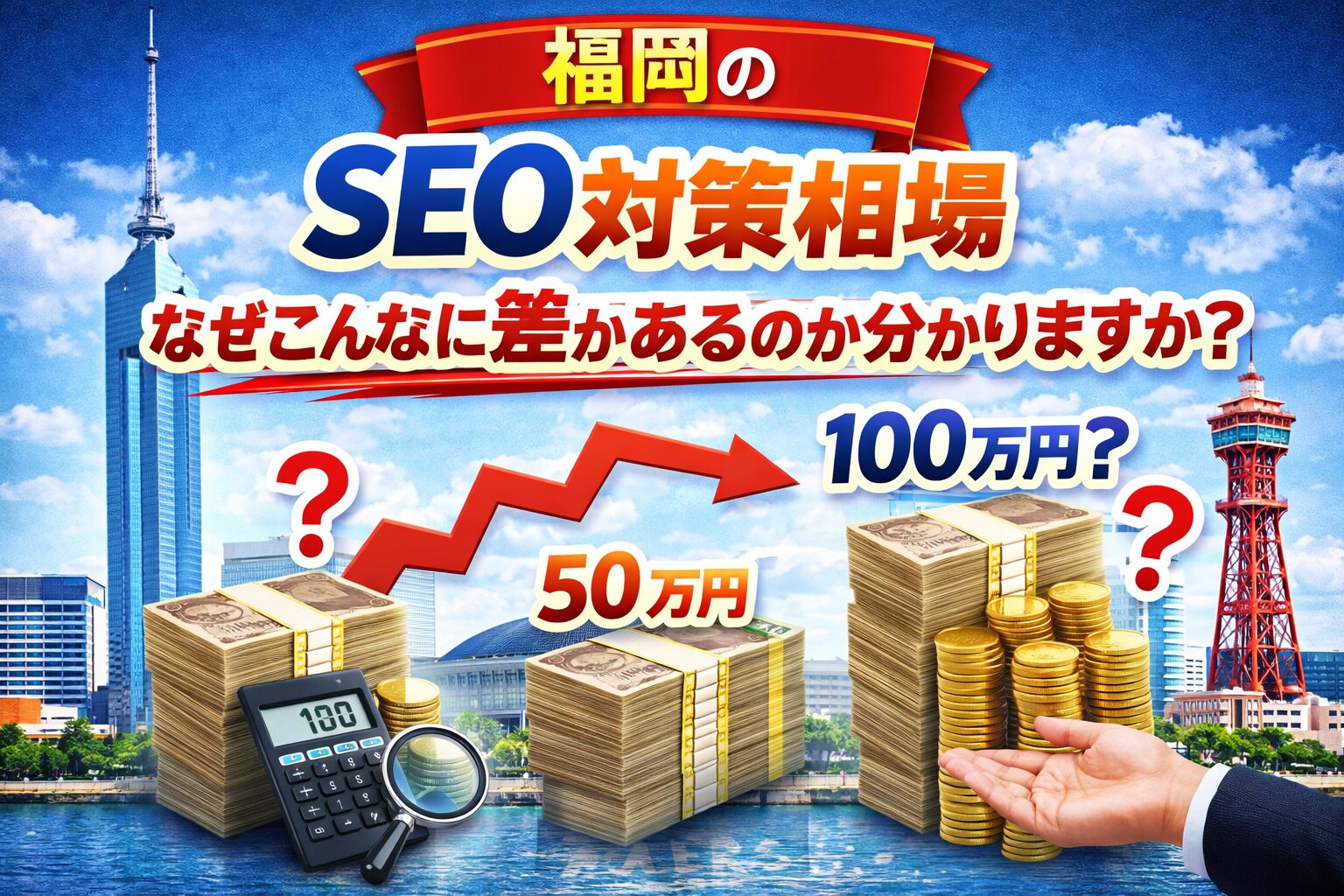 福岡のSEO対策相場の価格差を表現したアイキャッチ画像。50万円と100万円の比較や上昇グラフで相場の違いを示している