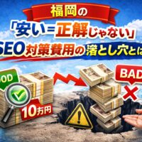 福岡のSEO対策費用における安さの落とし穴を表現したアイキャッチ画像。GOODとBADの比較と崩れる資金でリスクを示している