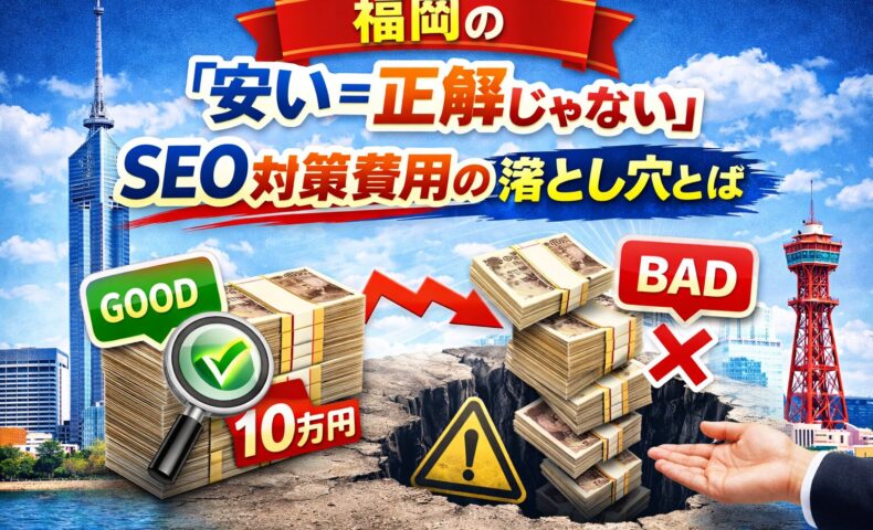 福岡のSEO対策費用における安さの落とし穴を表現したアイキャッチ画像。GOODとBADの比較と崩れる資金でリスクを示している