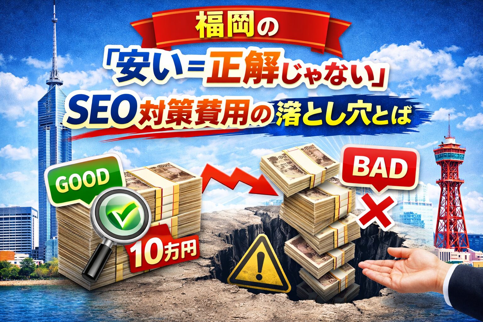 福岡のSEO対策費用における安さの落とし穴を表現したアイキャッチ画像。GOODとBADの比較と崩れる資金でリスクを示している
