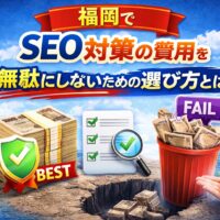 福岡のSEO対策費用を無駄にしない選び方を表現したアイキャッチ画像。BESTとFAILの対比やチェックリストで判断基準を示している