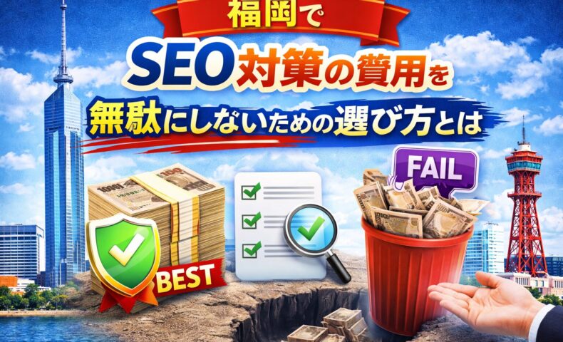福岡のSEO対策費用を無駄にしない選び方を表現したアイキャッチ画像。BESTとFAILの対比やチェックリストで判断基準を示している