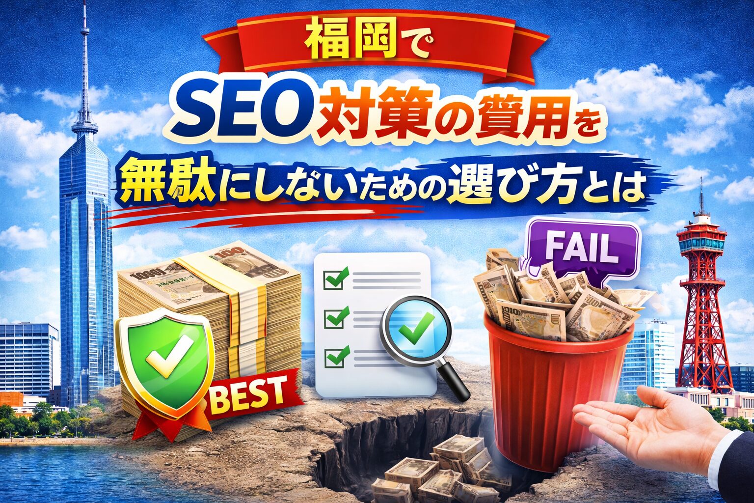福岡のSEO対策費用を無駄にしない選び方を表現したアイキャッチ画像。BESTとFAILの対比やチェックリストで判断基準を示している