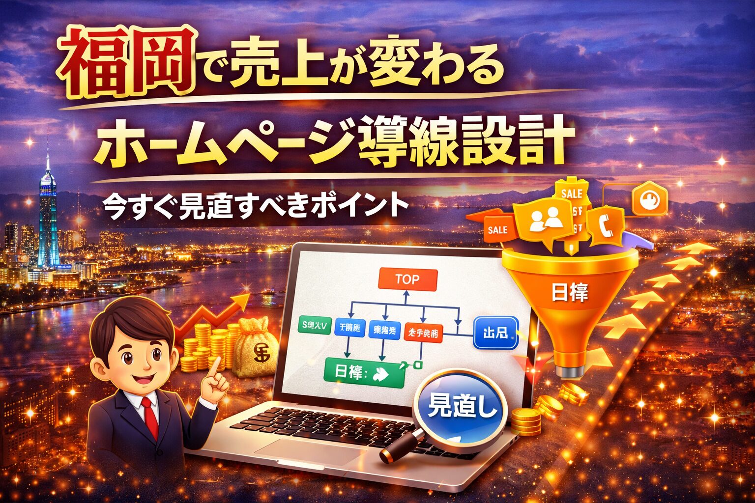 福岡のホームページ集客における導線設計改善で売上向上を表現したイメージ画像