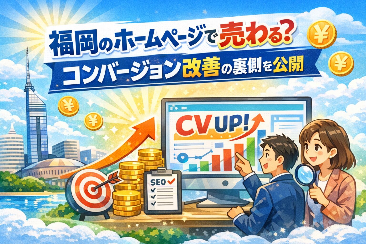 福岡のホームページでコンバージョン改善を行い売上アップを実現するイメージイラスト