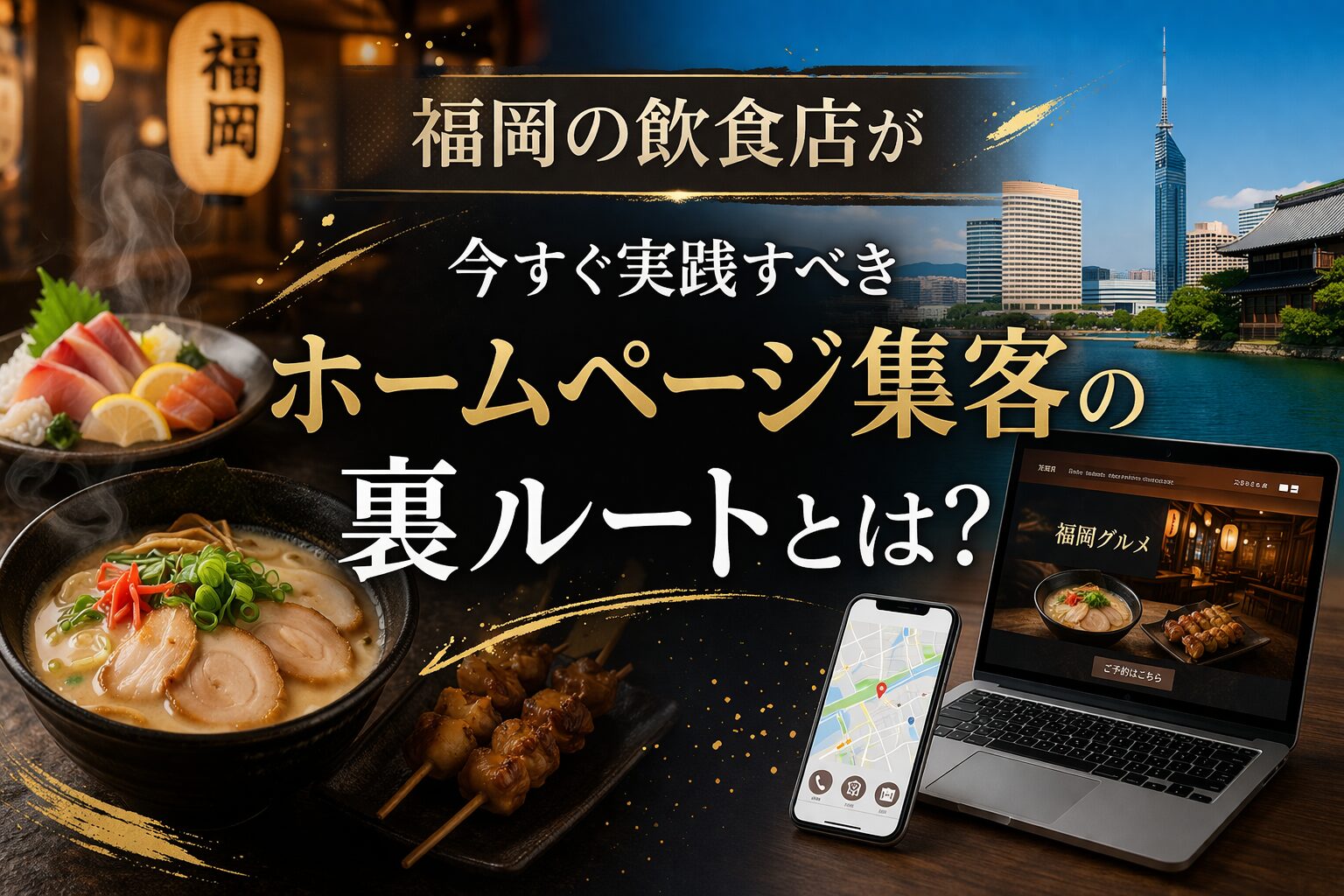 福岡の飲食店がホームページで集客する方法を解説するアイキャッチ画像。ラーメンや刺身、焼き鳥とPC・スマホ画面が配置されたデザイン