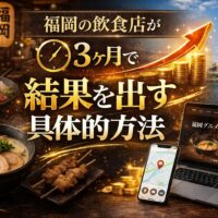 福岡の飲食店がホームページで集客し3ヶ月で結果を出す方法を示すアイキャッチ画像。料理とグラフ上昇のビジュアル