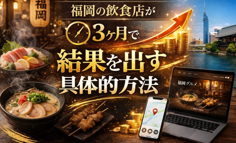 福岡の飲食店がホームページで集客し3ヶ月で結果を出す方法を示すアイキャッチ画像。料理とグラフ上昇のビジュアル