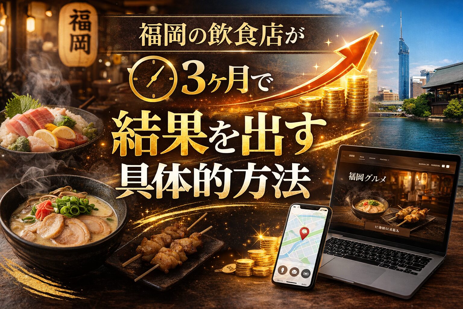 福岡の飲食店がホームページで集客し3ヶ月で結果を出す方法を示すアイキャッチ画像。料理とグラフ上昇のビジュアル