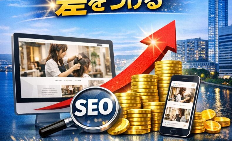 福岡の美容室がホームページ集客で差をつける方法を示すアイキャッチ画像。SEOや売上増加を表現したデザイン