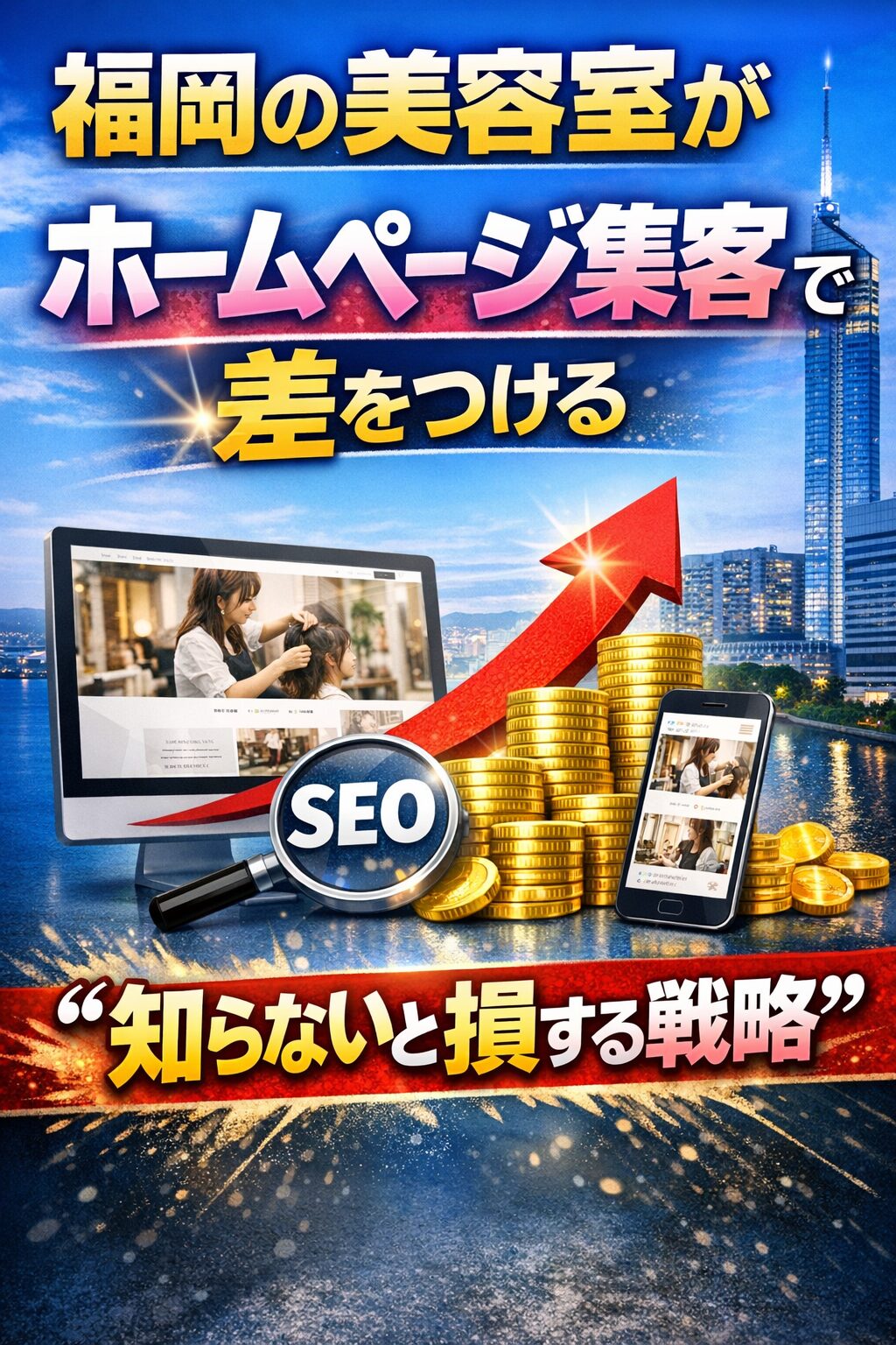 福岡の美容室がホームページ集客で差をつける方法を示すアイキャッチ画像。SEOや売上増加を表現したデザイン