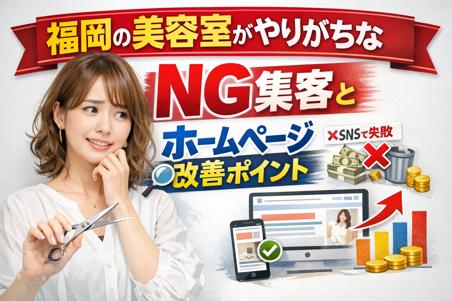 福岡の美容室がホームページ集客でやりがちなNGと改善ポイントを示すアイキャッチ画像。女性美容師とSEO・グラフのビジュアル