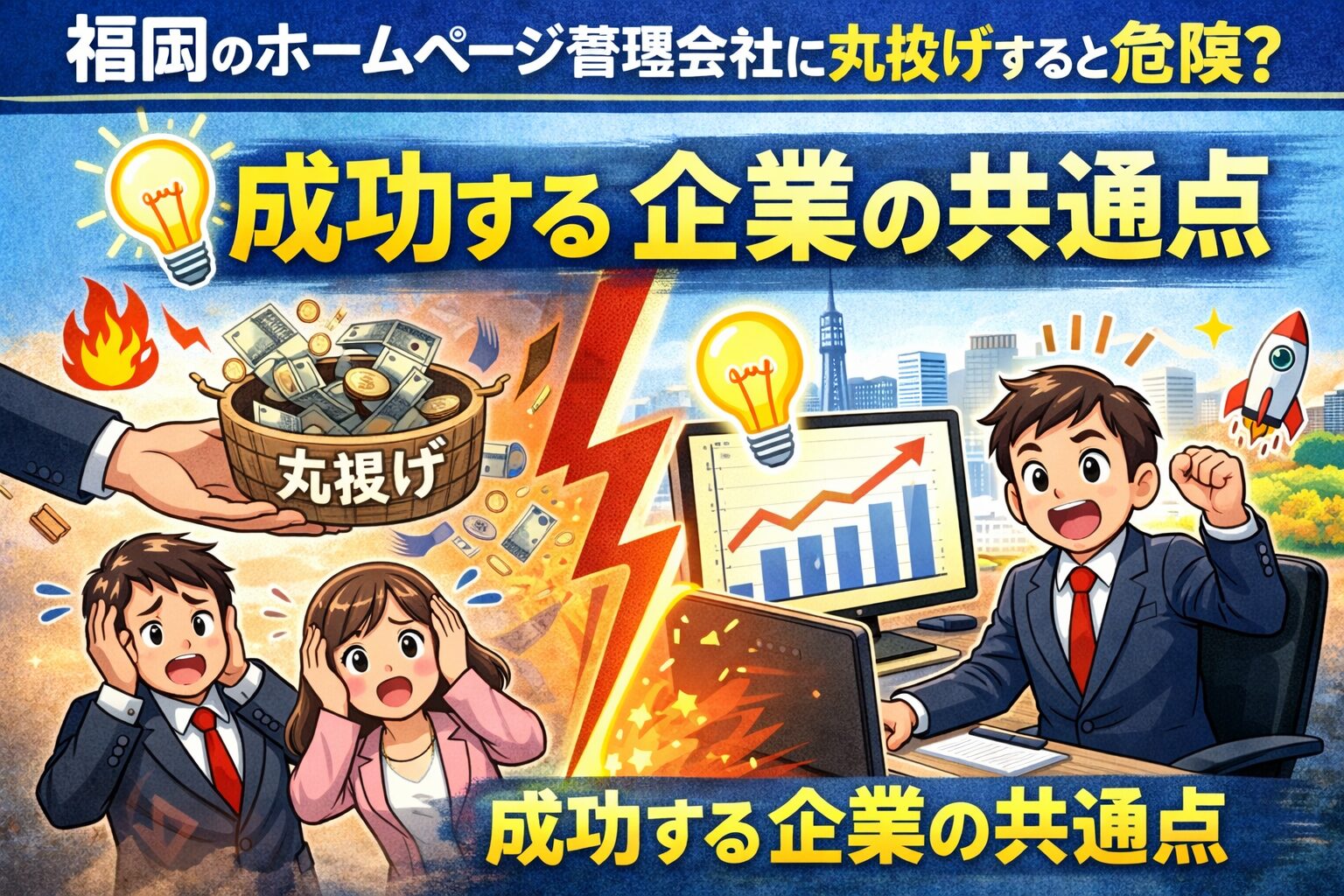 福岡のホームページ管理会社に丸投げするリスクと成功する企業の共通点を解説するイメージ