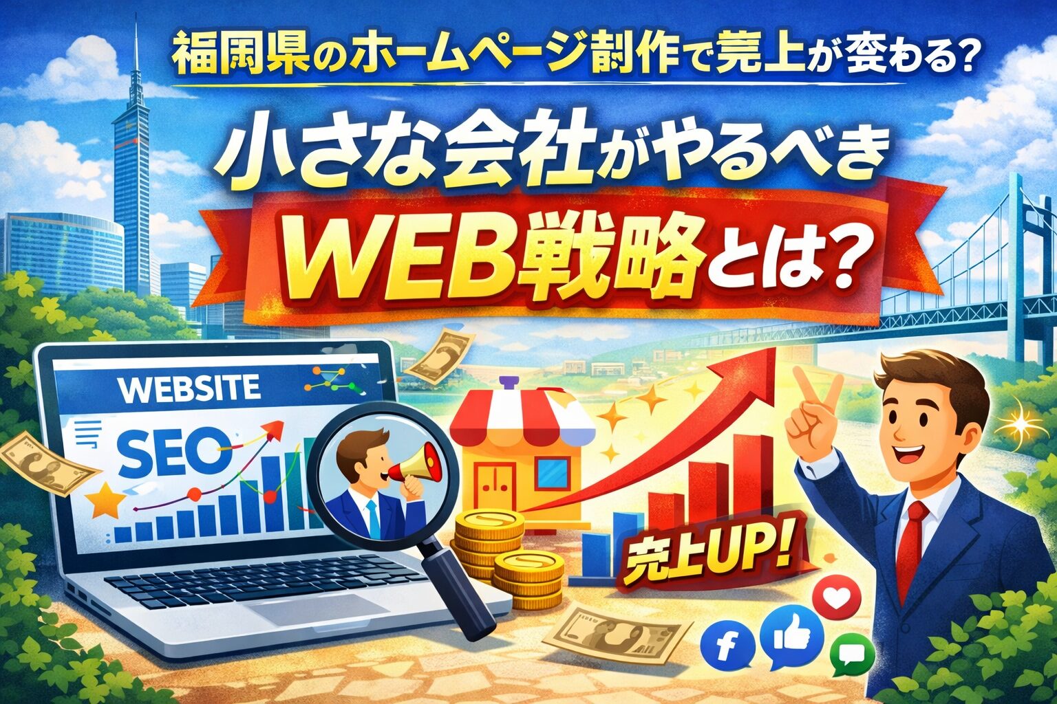 福岡県でホームページ制作を活用し、SEO対策によって売上アップを目指す小さな会社のWEB戦略を表したイメージ画像