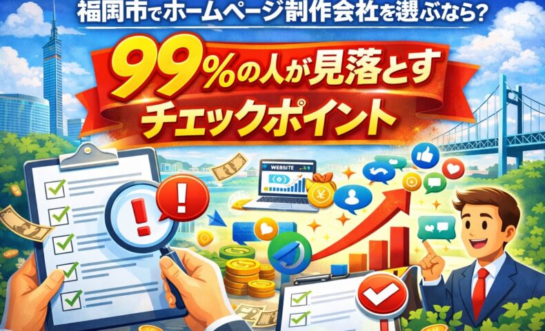 福岡市でホームページ制作会社を選ぶ際に見落とされがちなチェックポイントと、SEO集客で成果を出すポイントを示したイメージ画像