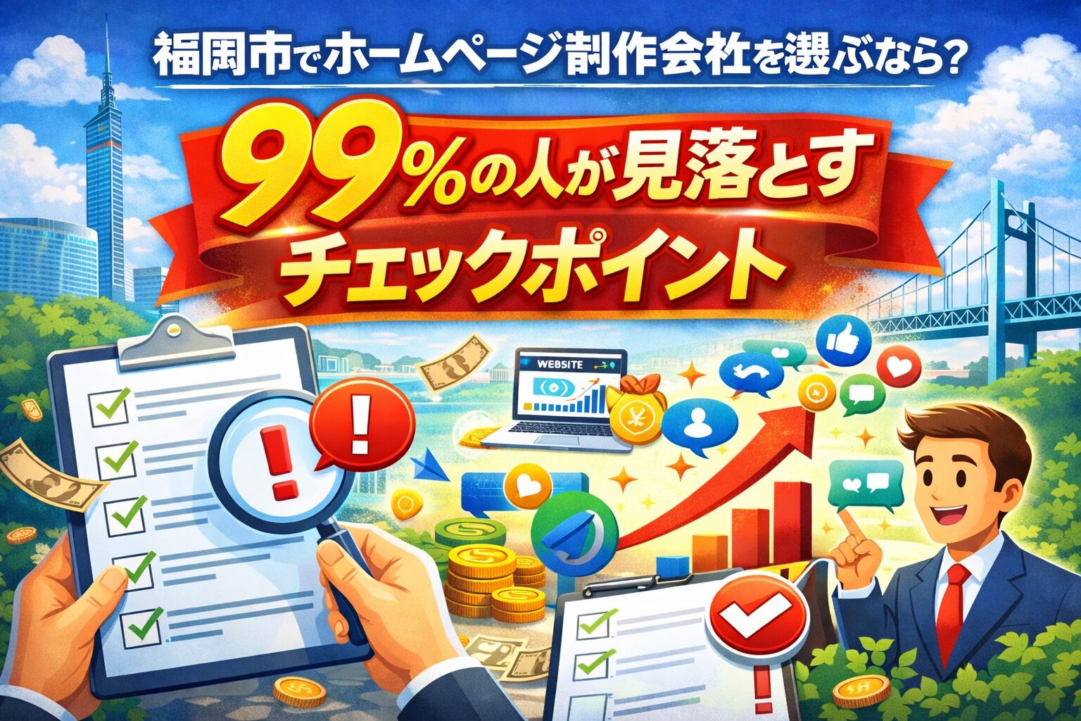 福岡市でホームページ制作会社を選ぶ際に見落とされがちなチェックポイントと、SEO集客で成果を出すポイントを示したイメージ画像