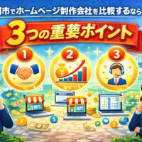 福岡市でホームページ制作会社を比較する際に重要な3つのポイント（実績・集客力・サポート体制）を表したイメージ画像