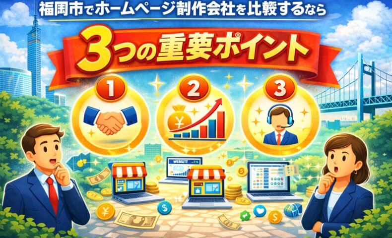 福岡市でホームページ制作会社を比較する際に重要な3つのポイント（実績・集客力・サポート体制）を表したイメージ画像