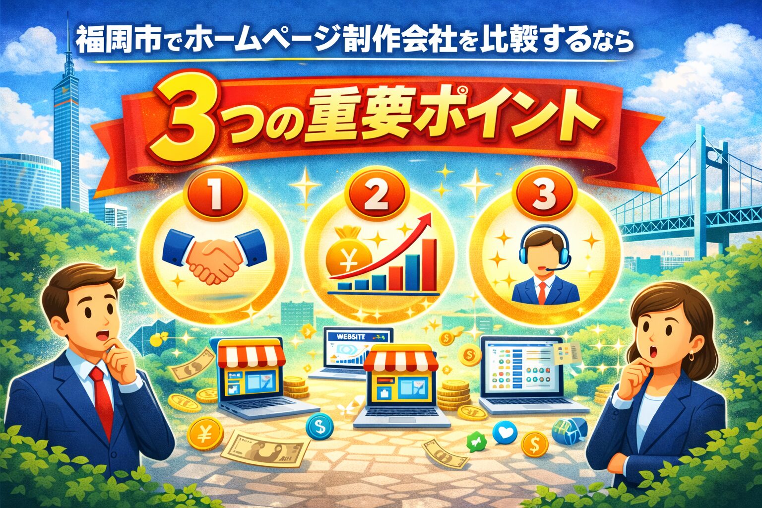 福岡市でホームページ制作会社を比較する際に重要な3つのポイント(実績・集客力・サポート体制)を表したイメージ画像