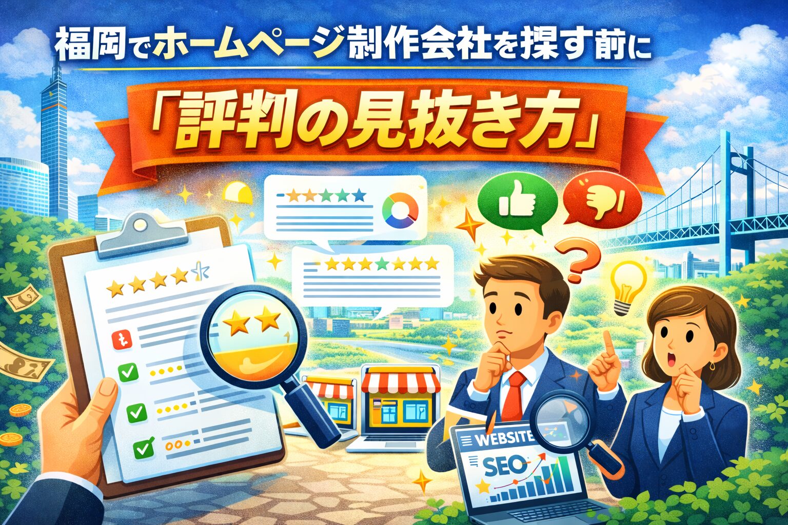 福岡でホームページ制作会社を探す際に評判の見抜き方を解説したイメージ画像