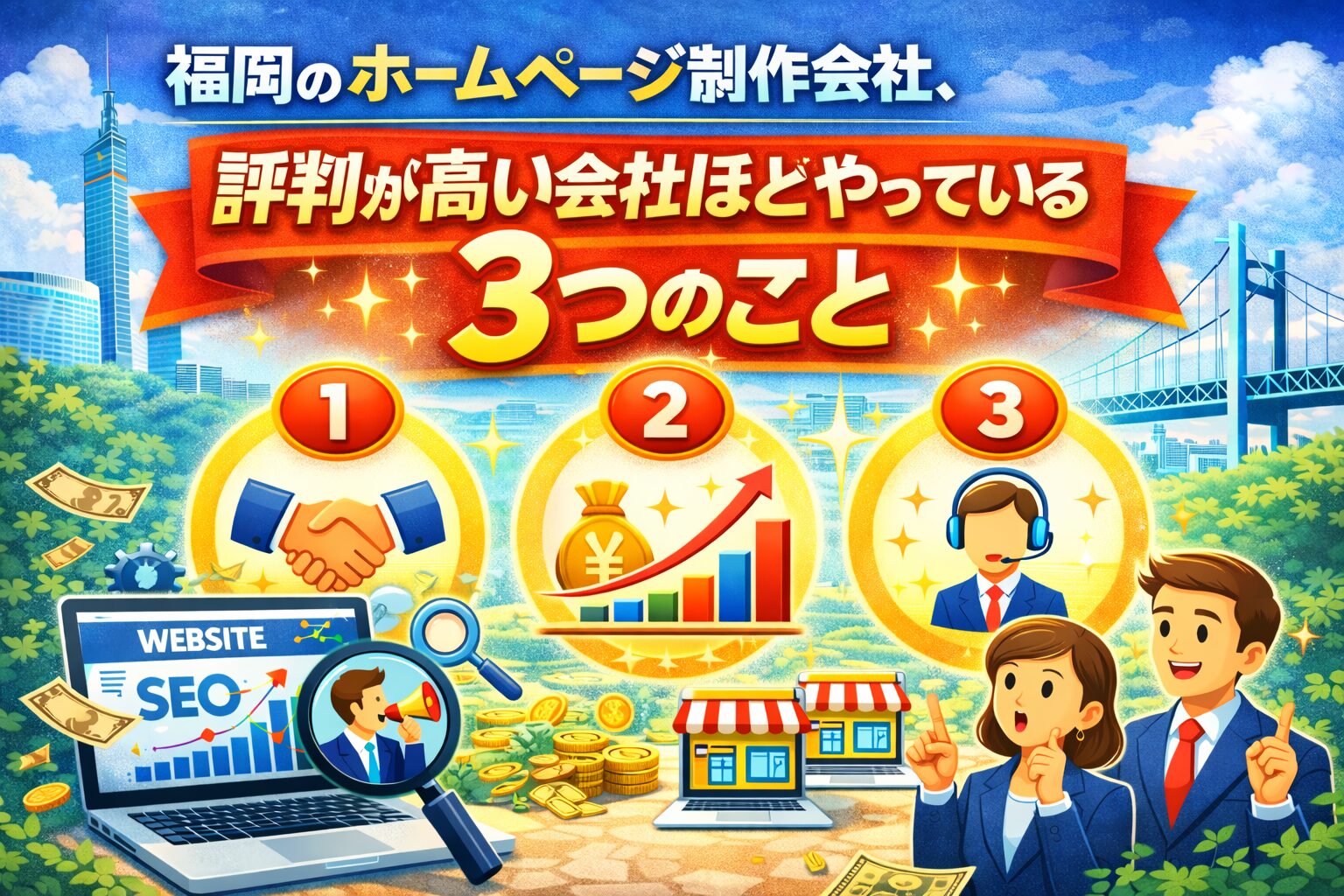 福岡のホームページ制作会社で評判が高い会社が実践している3つのポイントを解説するイメージ画像