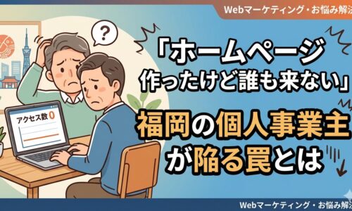 福岡の個人事業主がホームページを作ったのにアクセス数ゼロで頭を抱えているイラスト。「ホームページ作ったけど誰も来ない」という集客の悩みを表現した画像