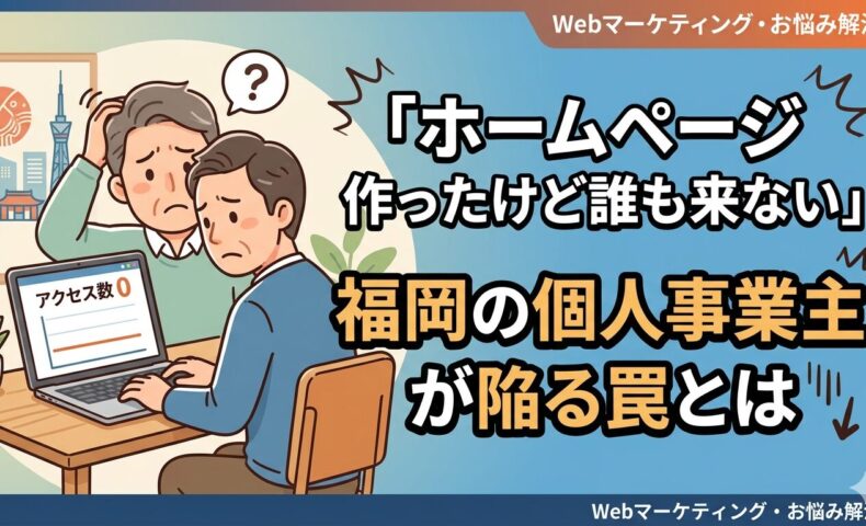 福岡の個人事業主がホームページを作ったのにアクセス数ゼロで頭を抱えているイラスト。「ホームページ作ったけど誰も来ない」という集客の悩みを表現した画像