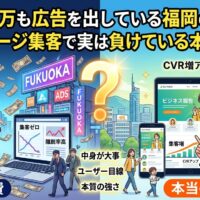 福岡の街並みを背景にしたインフォグラフィックイラスト。左側の「競合」エリアでは、大量の広告費を払いながらも集客ゼロで頭を抱える男性と、離脱率が高いパソコン画面が描かれている。右側の「勝者」エリアでは、ユーザー目線で作られたホームページ活用で集客増とCVR(コンバージョン率)アップに成功し、笑顔で指差す男性とスマートフォン・タブレット画面が描かれている。中央には巨大なクエスチョンマークがある。