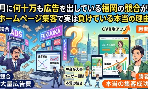 福岡の街並みを背景にしたインフォグラフィックイラスト。左側の「競合」エリアでは、大量の広告費を払いながらも集客ゼロで頭を抱える男性と、離脱率が高いパソコン画面が描かれている。右側の「勝者」エリアでは、ユーザー目線で作られたホームページ活用で集客増とCVR（コンバージョン率）アップに成功し、笑顔で指差す男性とスマートフォン・タブレット画面が描かれている。中央には巨大なクエスチョンマークがある。