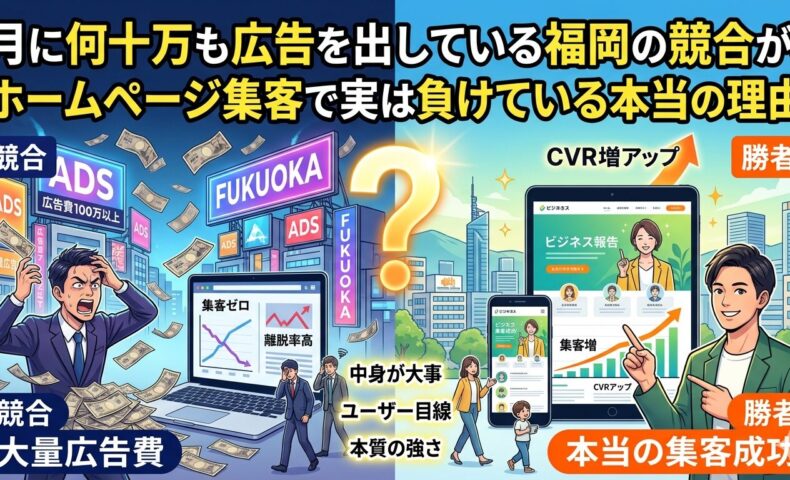 福岡の街並みを背景にしたインフォグラフィックイラスト。左側の「競合」エリアでは、大量の広告費を払いながらも集客ゼロで頭を抱える男性と、離脱率が高いパソコン画面が描かれている。右側の「勝者」エリアでは、ユーザー目線で作られたホームページ活用で集客増とCVR（コンバージョン率）アップに成功し、笑顔で指差す男性とスマートフォン・タブレット画面が描かれている。中央には巨大なクエスチョンマークがある。